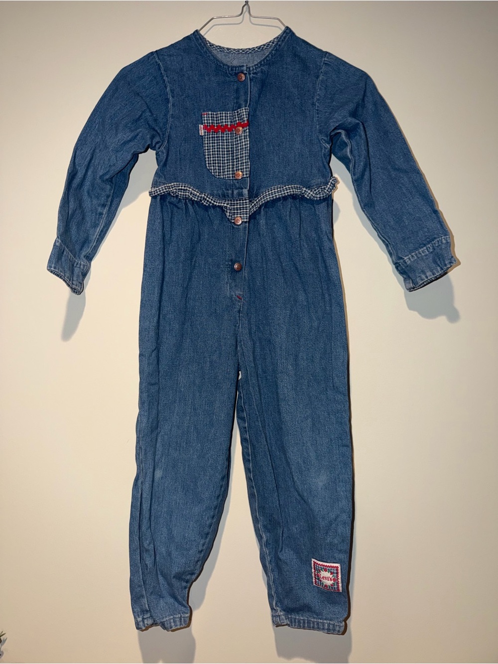 Vintage rare Levi's Girls' Blue Denim Jumpsuit with Gingham Pocket